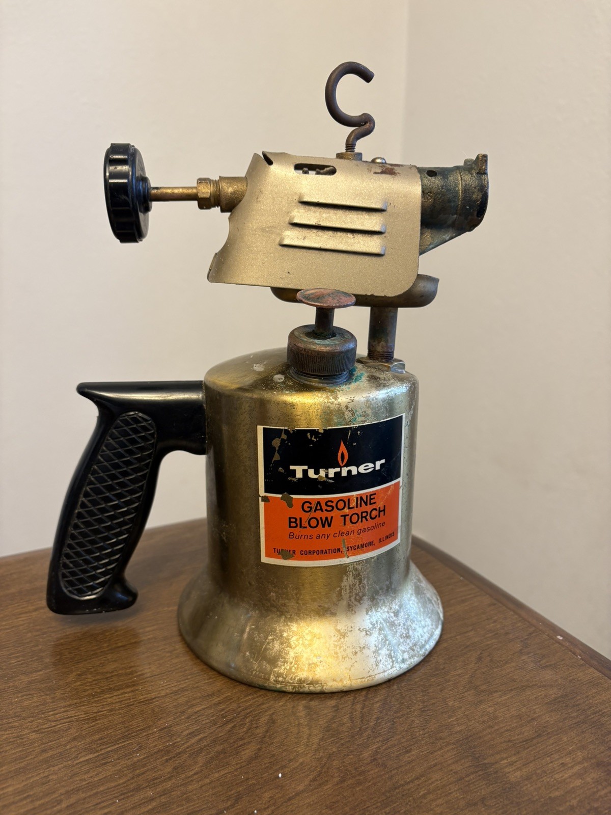 Vintage Turner Brass Blow Torch Sycamore IL  Resin Handle Antique Tool Very Nice