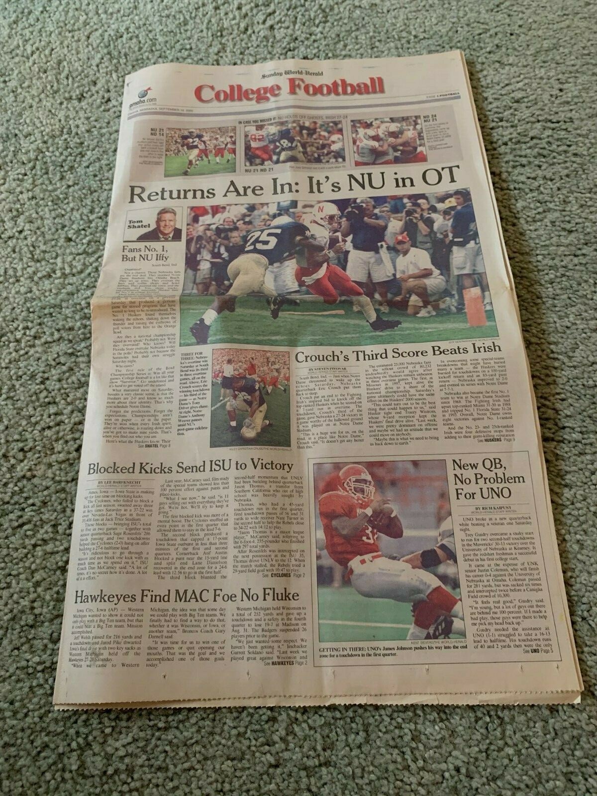 2000 Notre Dame v Nebraska Cornhuskers Football Newspaper Sports Section 9/10