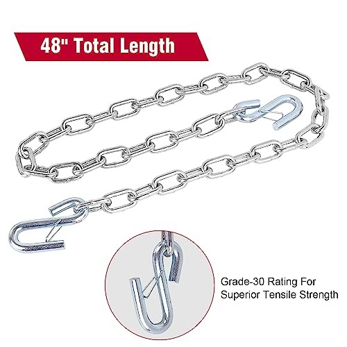 Trailer Safety Chain with Spring Clips Grade 30 with 2 S Hook 2PCS 3/16" X 48"