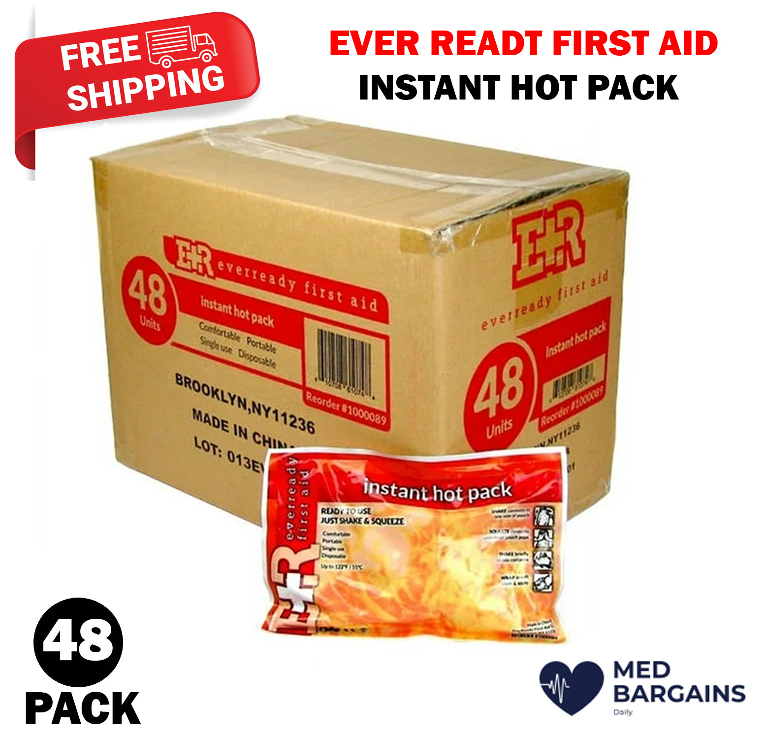 Ever Ready First Aid Instant Hot Pack 6" x 9" Joint & Back Pain Relief - 48 Pack
