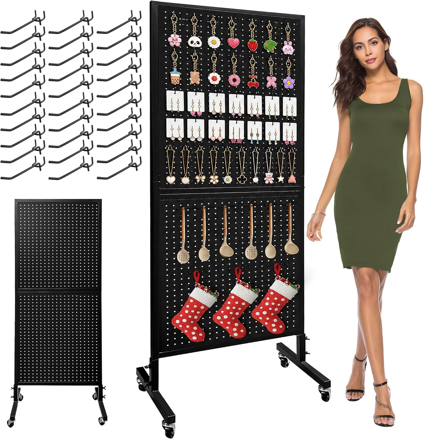 2 x 5.5 Ft Standing Pegboard Display with T-Base, Locking Wheels and 30 Hook....