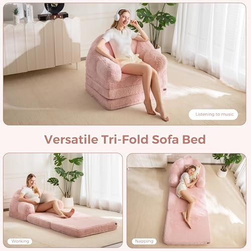 Folding Sofa Bed, 2 in 1 Convertible Sofa to Lounger Comfy Bean Single Pink