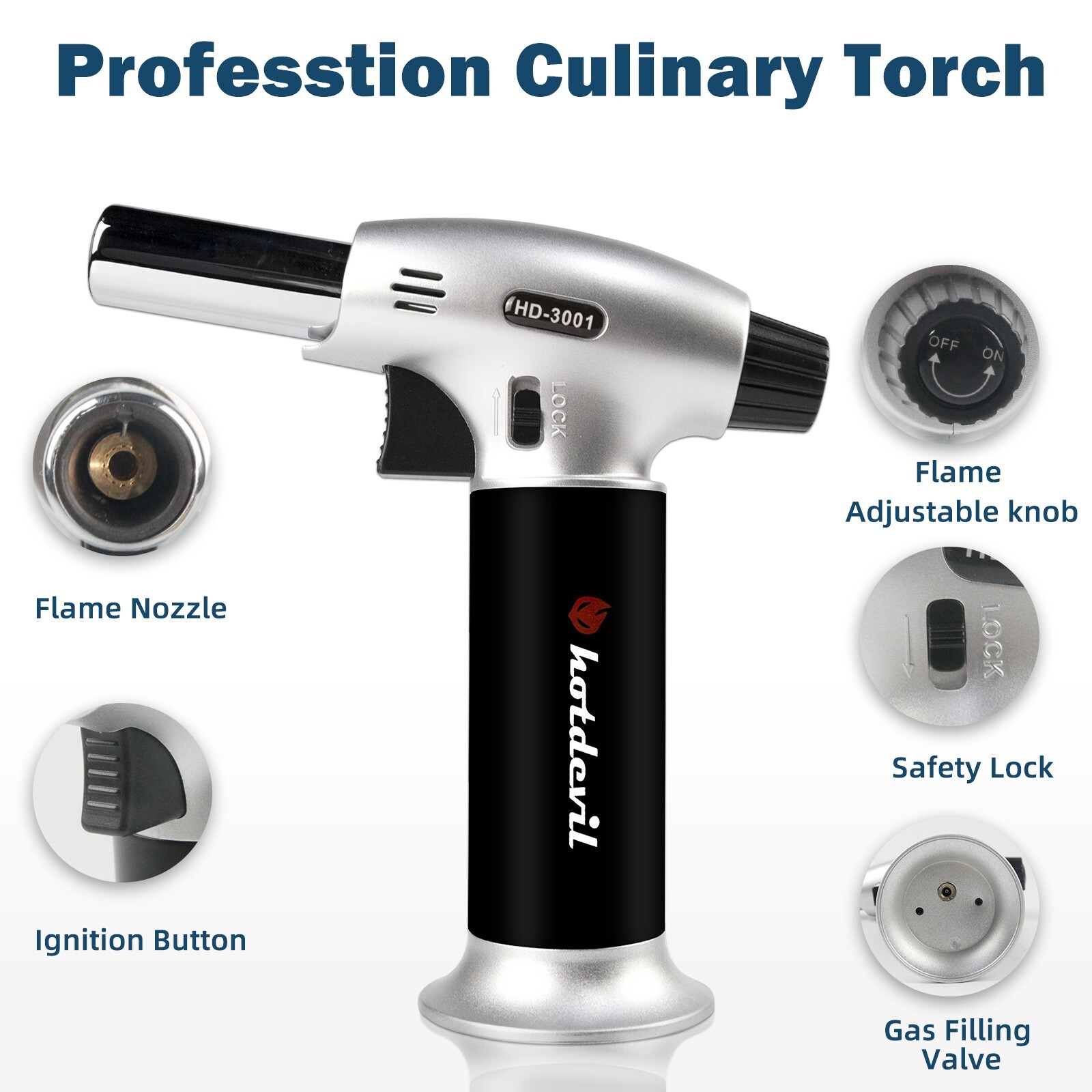 Hotdevil Butane Adjustable Flame Torch 6g Refillable Tank Cooking Lighter Blow