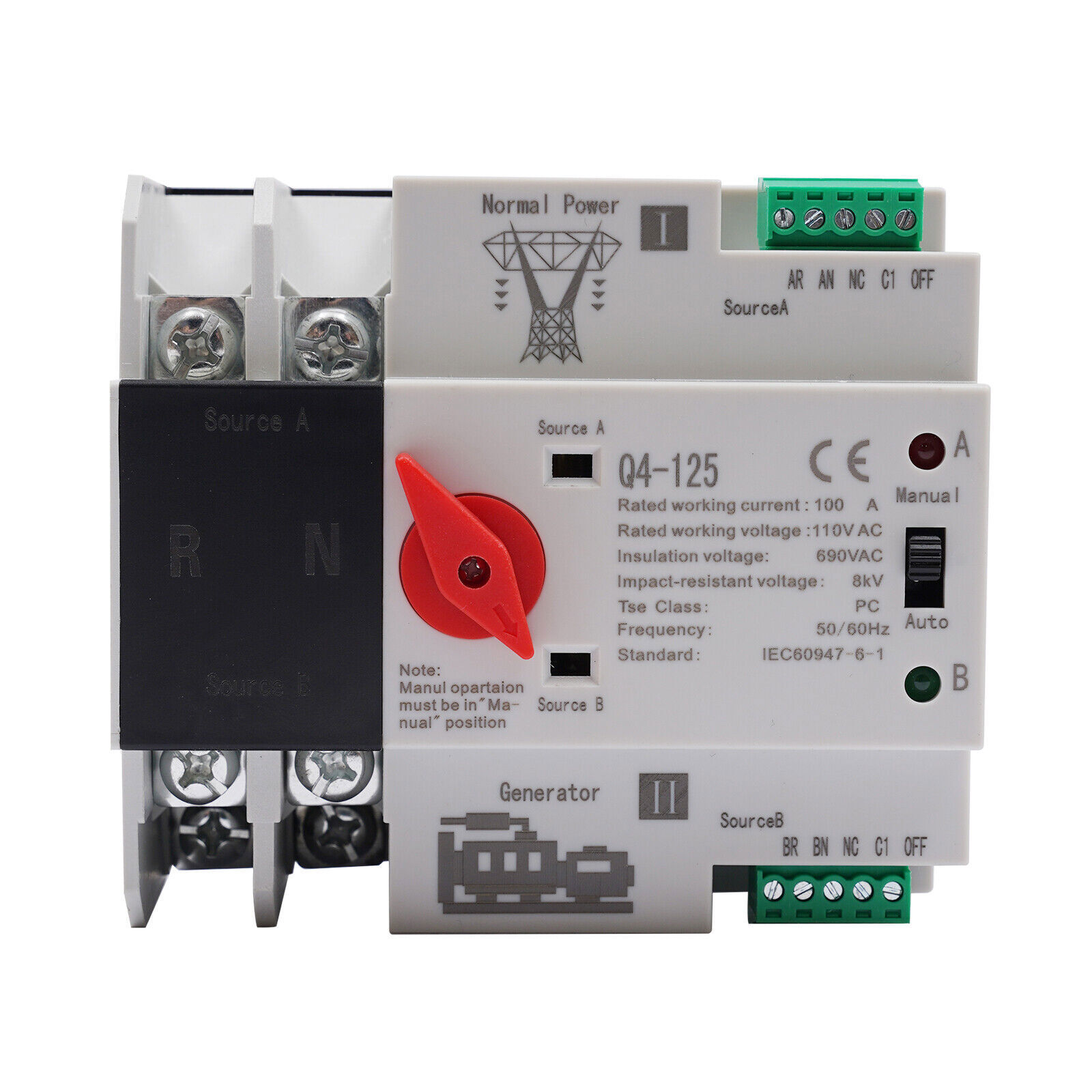 Dual Power Transfer Switch Generator Changeover Switch Automatic 110V 2P