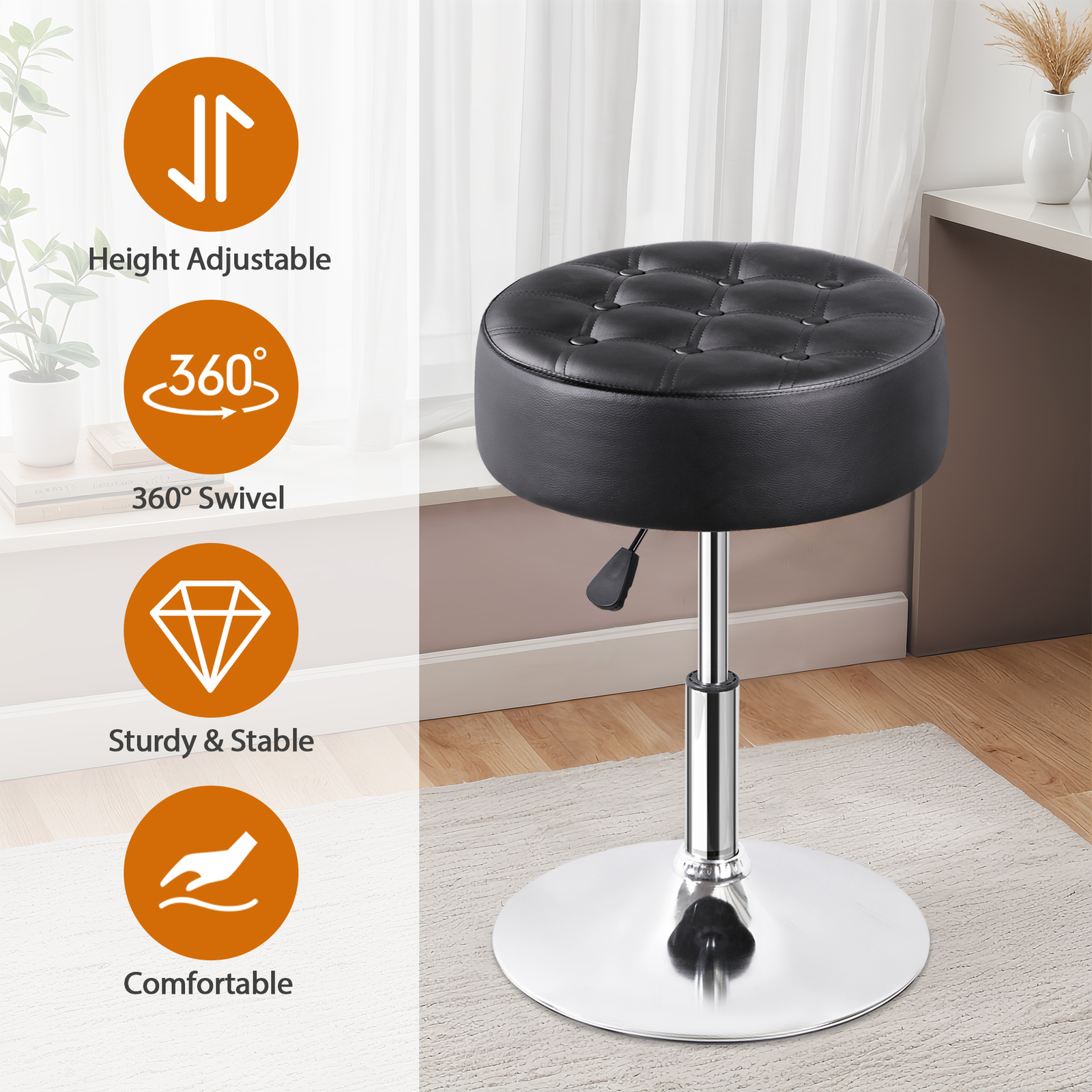 2PCS Adjustable Vanity Stool PU Leather Ottoman Stool for Bedroom w/Base Black