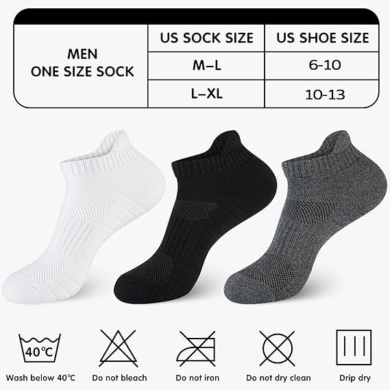 Mens 100% Cotton Ankle Socks, Athletic Cushioned Performance Running Moisture
