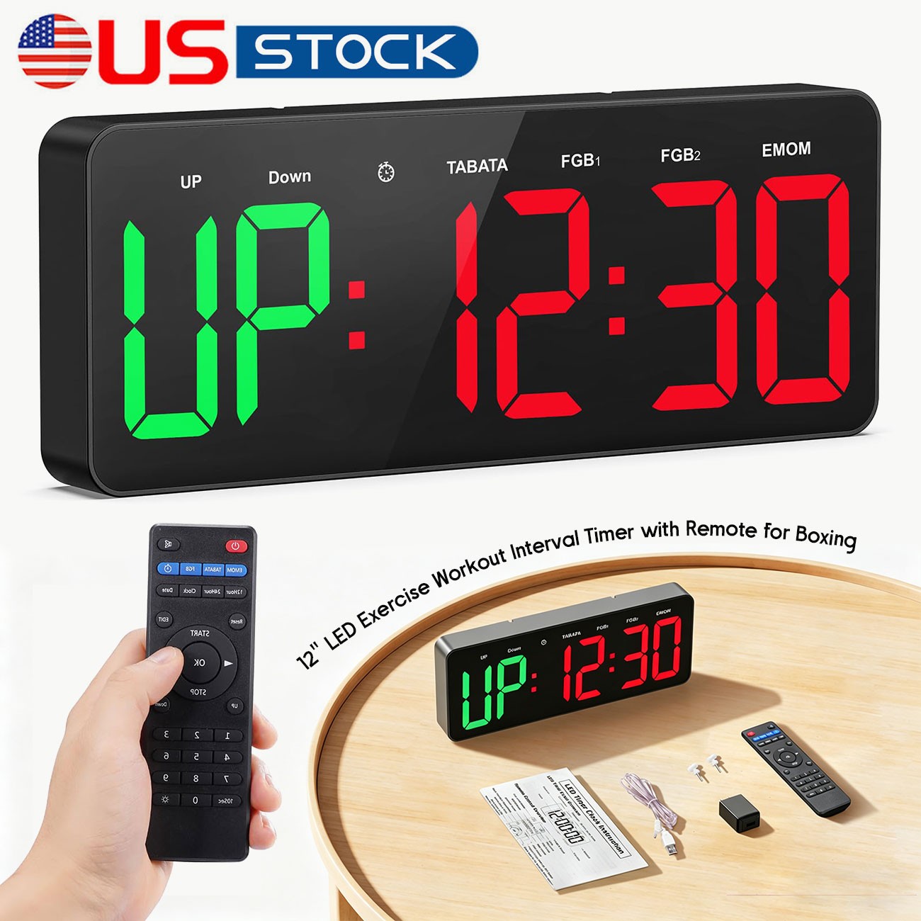 12" LED Digital Gym Timer with Remote USB Powered Kitchen Timer For Office & Gym