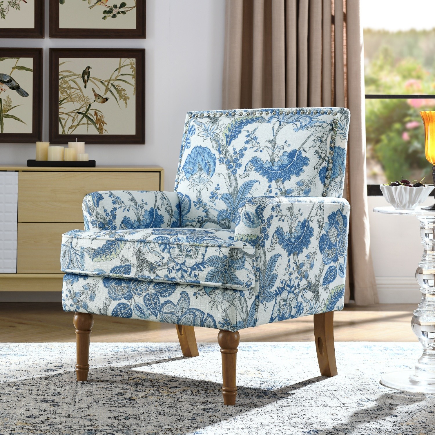 Mid Century Modern Accent Chair Padded Print Fabric Armchair w/ Solid Wood Legs