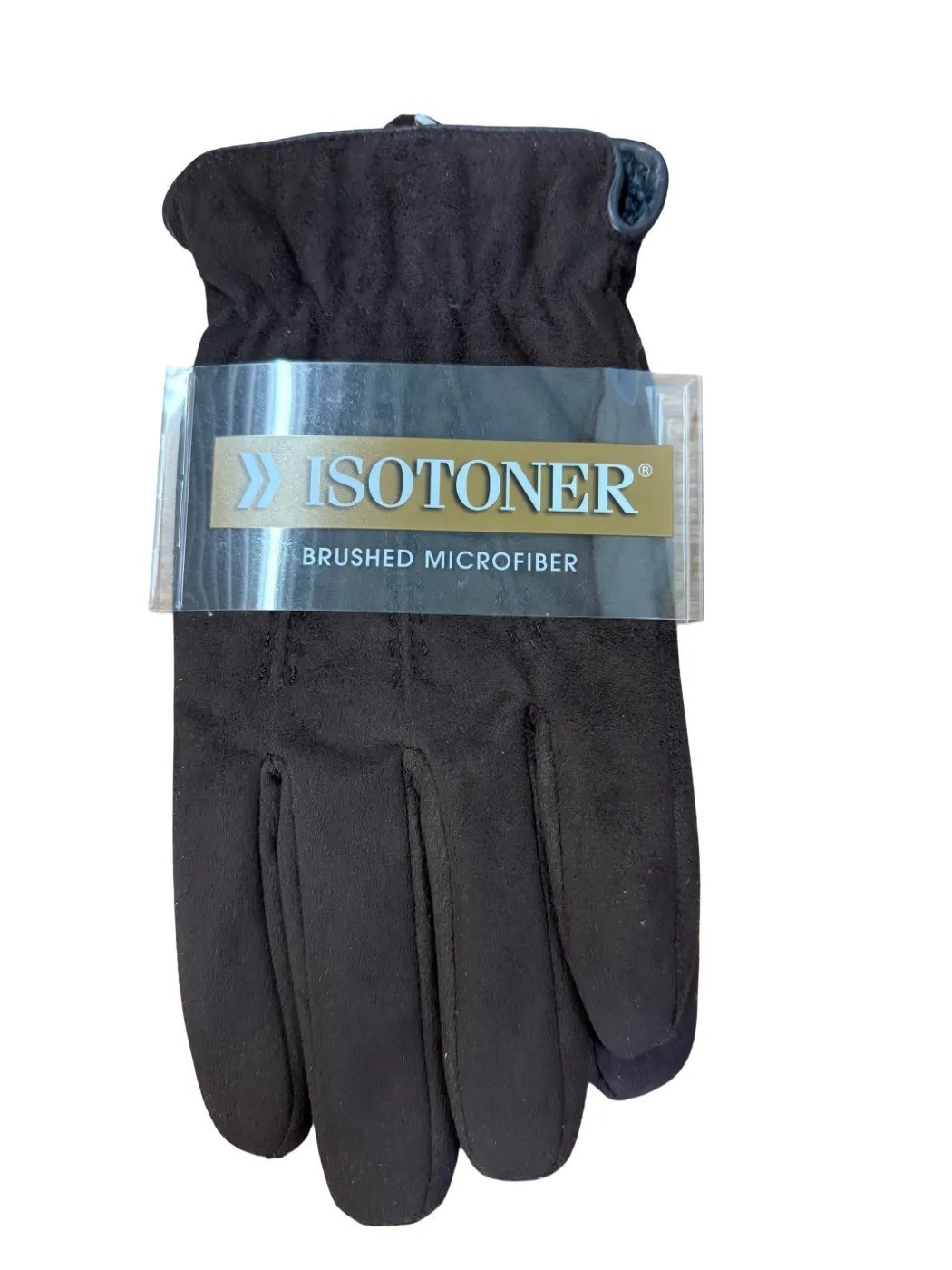 isotoner Men's Brushed Microfiber Dark Brown Gloves Gathered Wrist Medium NWT