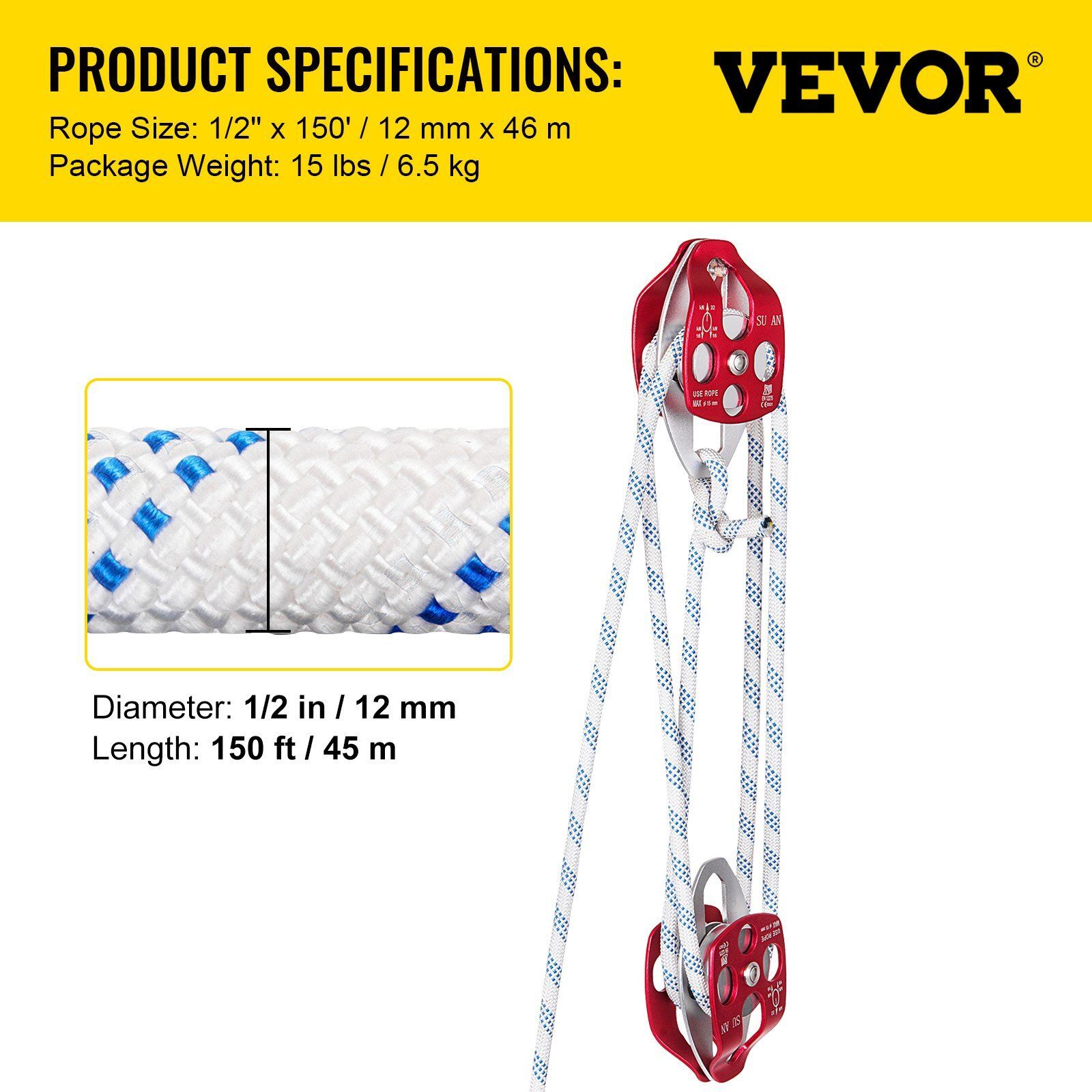 Twin Sheave Block&Tackle 1/2"x150' Twin Sheave Block w/Rope 30-35KN 6600-7705LBS