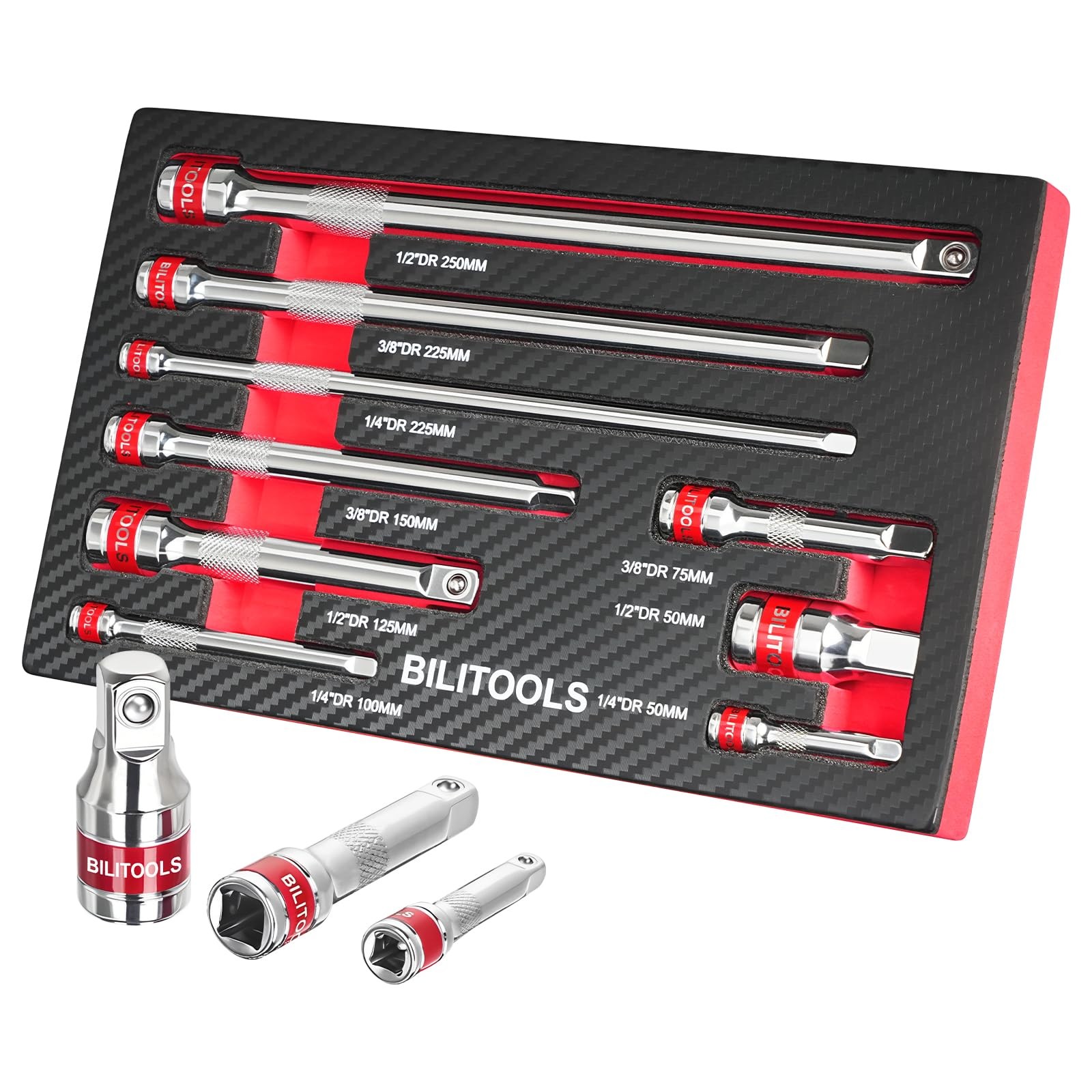 9-Piece Standard Extension Bar Set, 1/4 3/8 1/2 Drive, CR-V Steel