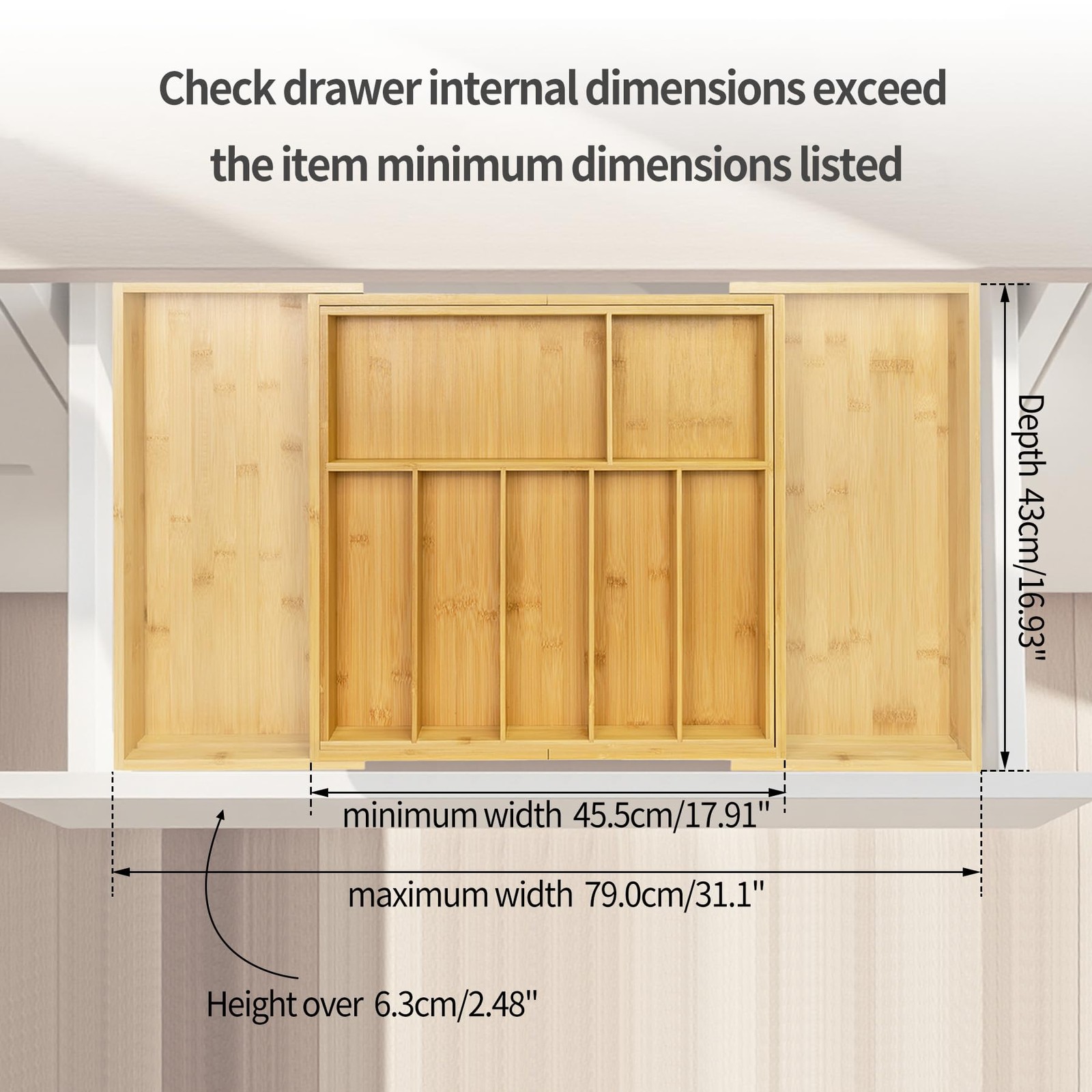 Utoplike Extra Large Kitchen Drawer Organizer, Solid Bamboo Natural