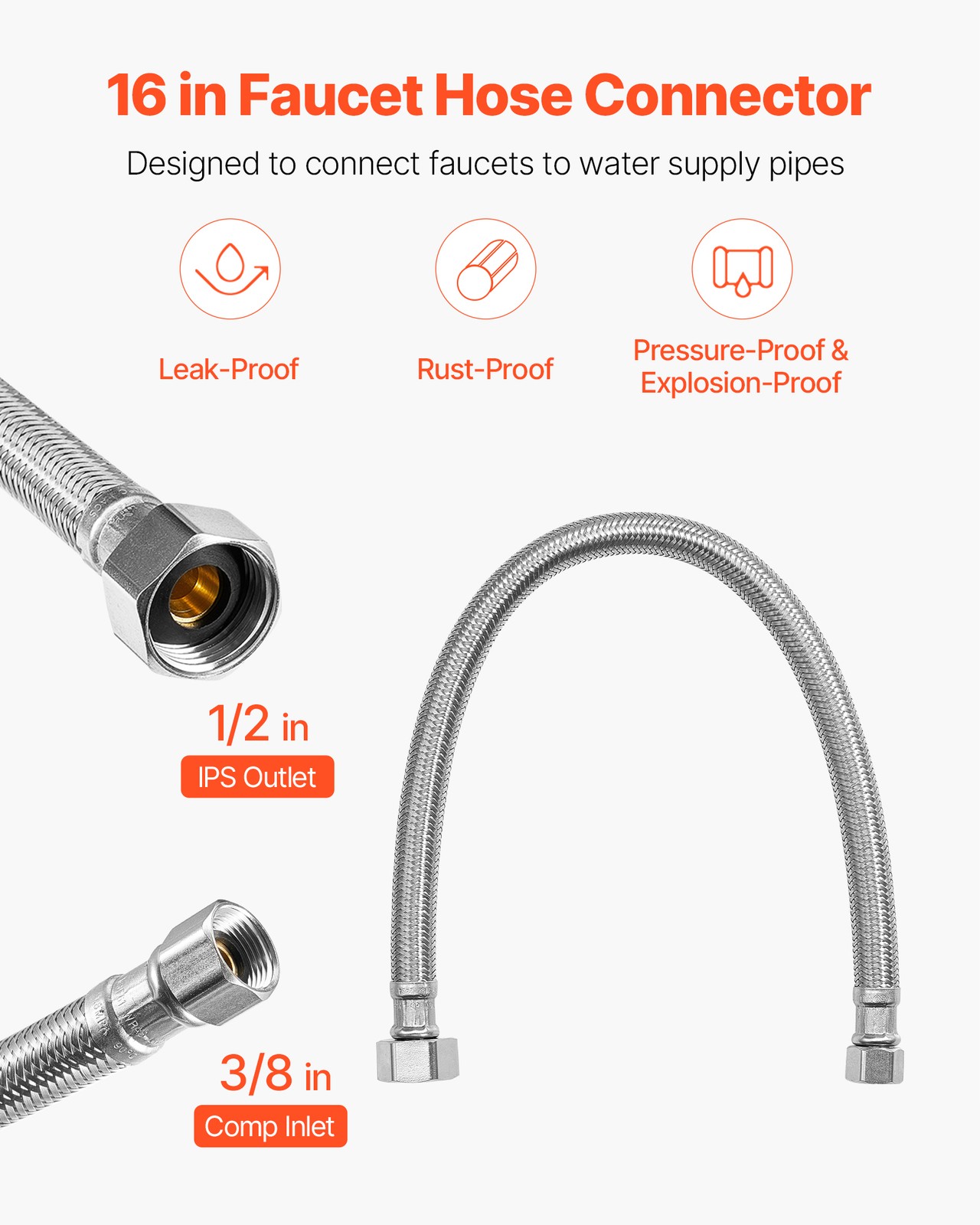 3/8" COMP 10PCS Faucet Supply Line Connector 16in Braided Stainless Steel