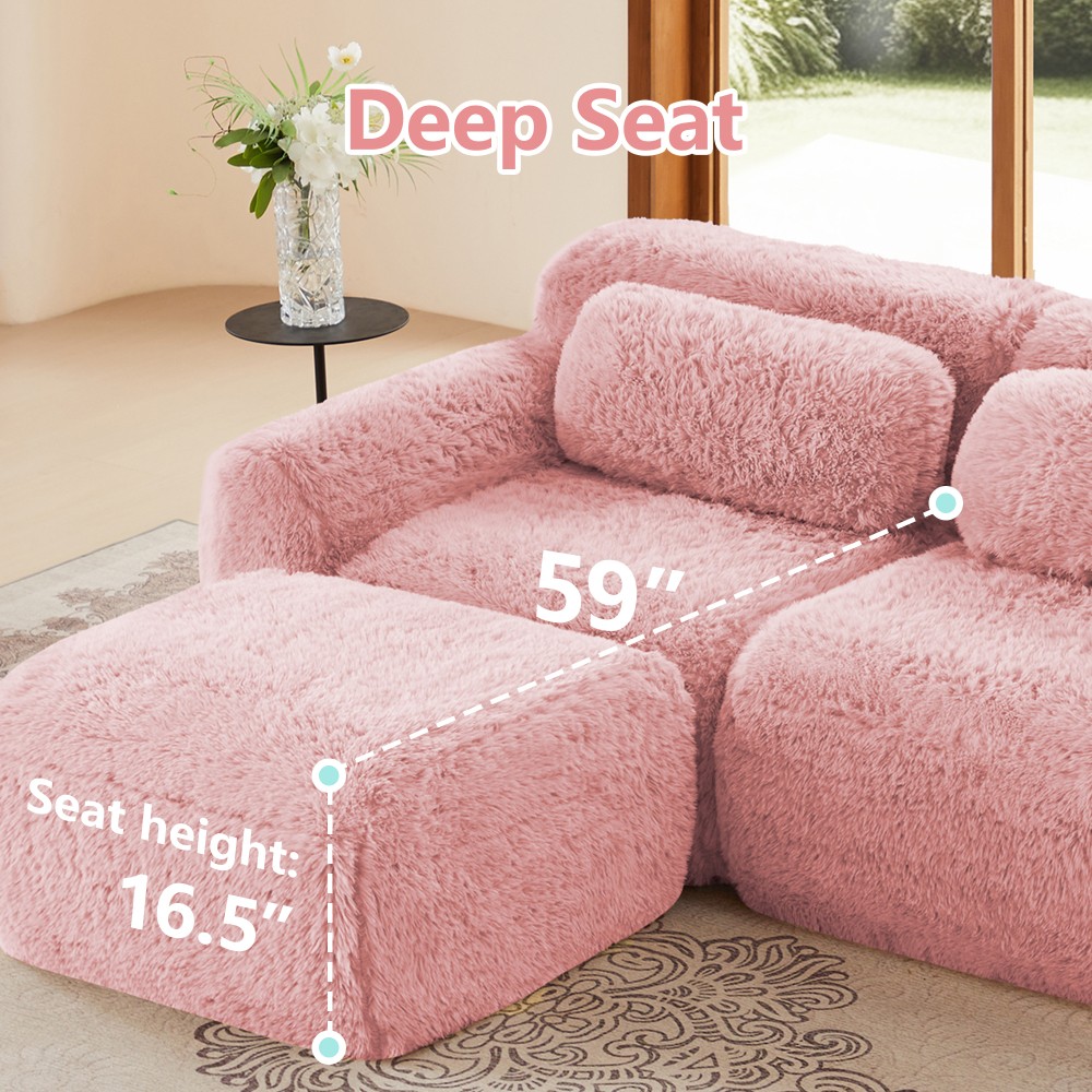 Modular Sectional Sofa w/ Ottoman & Pillows, Plush Pink Fabric