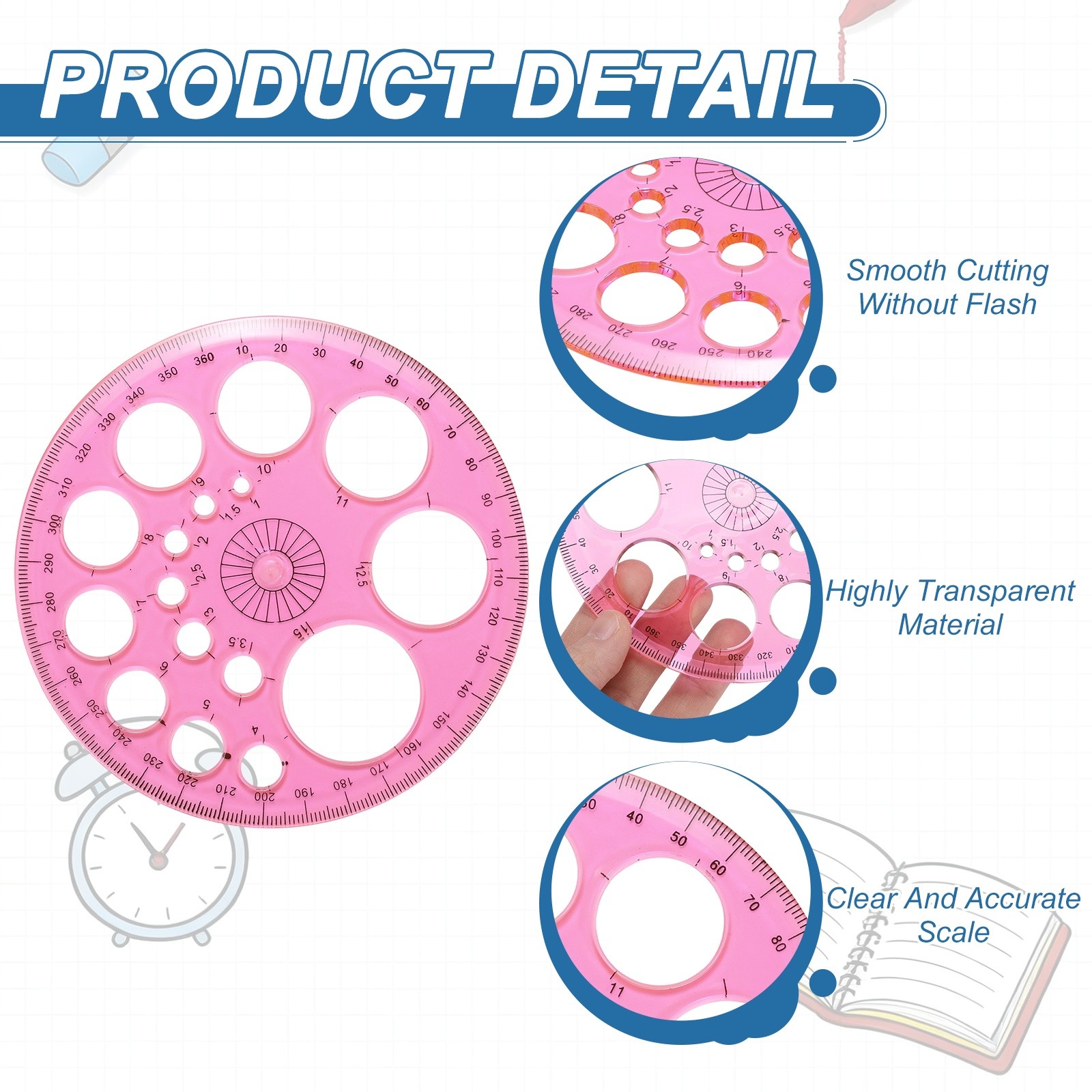 360-Degree Plastic Protractor, 4Pcs Circle Template for Office Supplies, Red