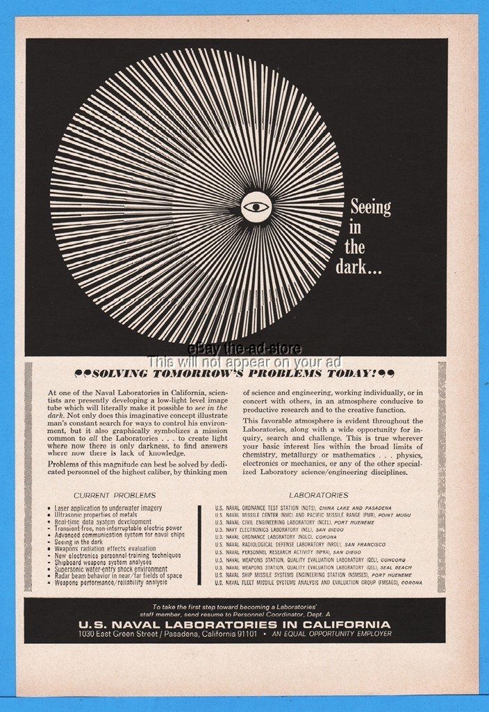 1965 US Naval Labs CA Help Wanted Power Weapons Laser Radiation Eye Pop Art Ad