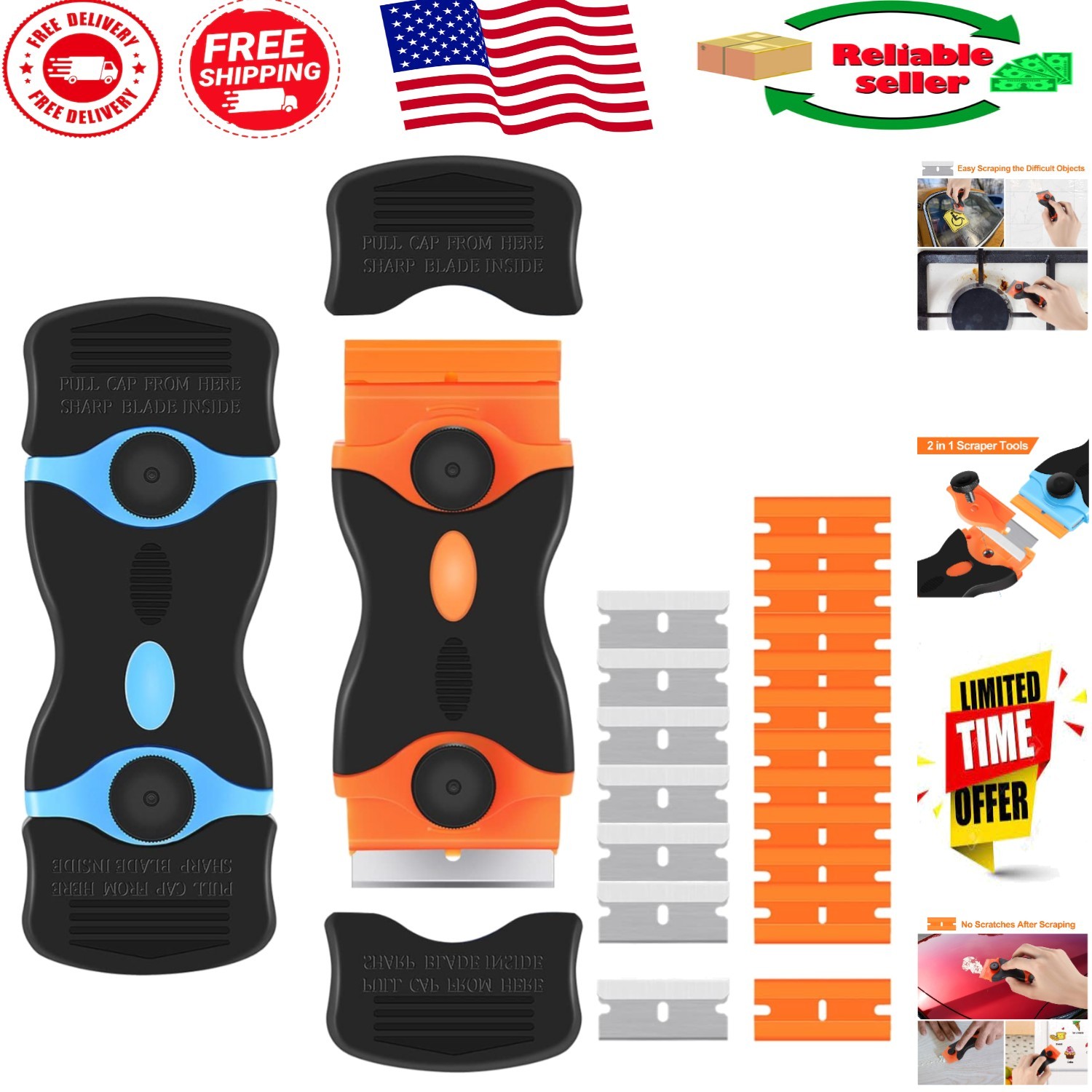 2-Pack 2-in-1 Razor Blade Scraper Tool with 12 Plastic & 7 Metal Blades