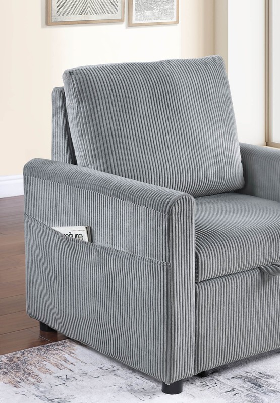 33"W Gray Corduroy Armchair with Pull-Out Chaise and Side Pocket