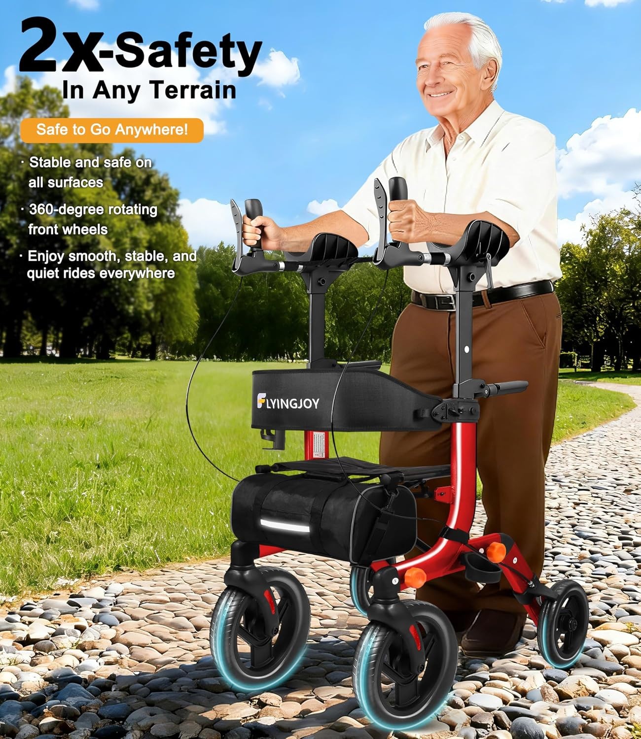 FlyingJoy Upright Rollator Walker Seat 10in Wheels 300lb Red Foldable