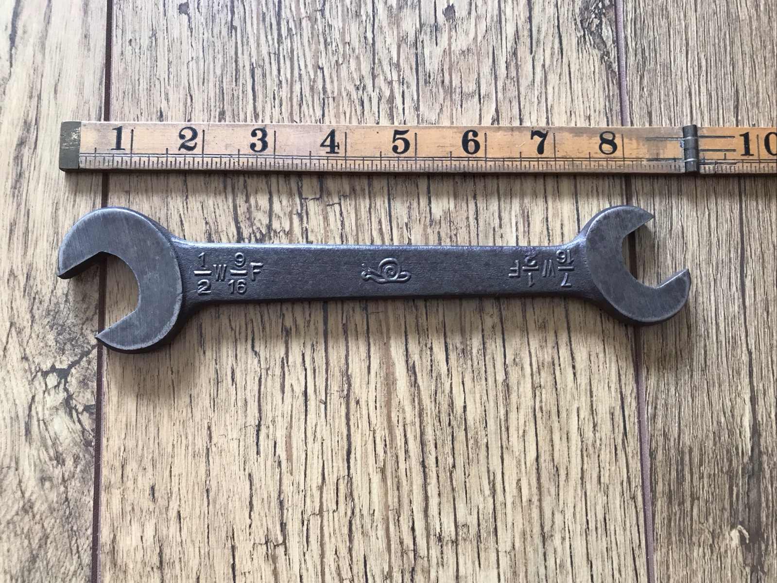 Vintage 1940s Snail Brand 1/2” X 7/16” Whitworth Open Ended Spanner.