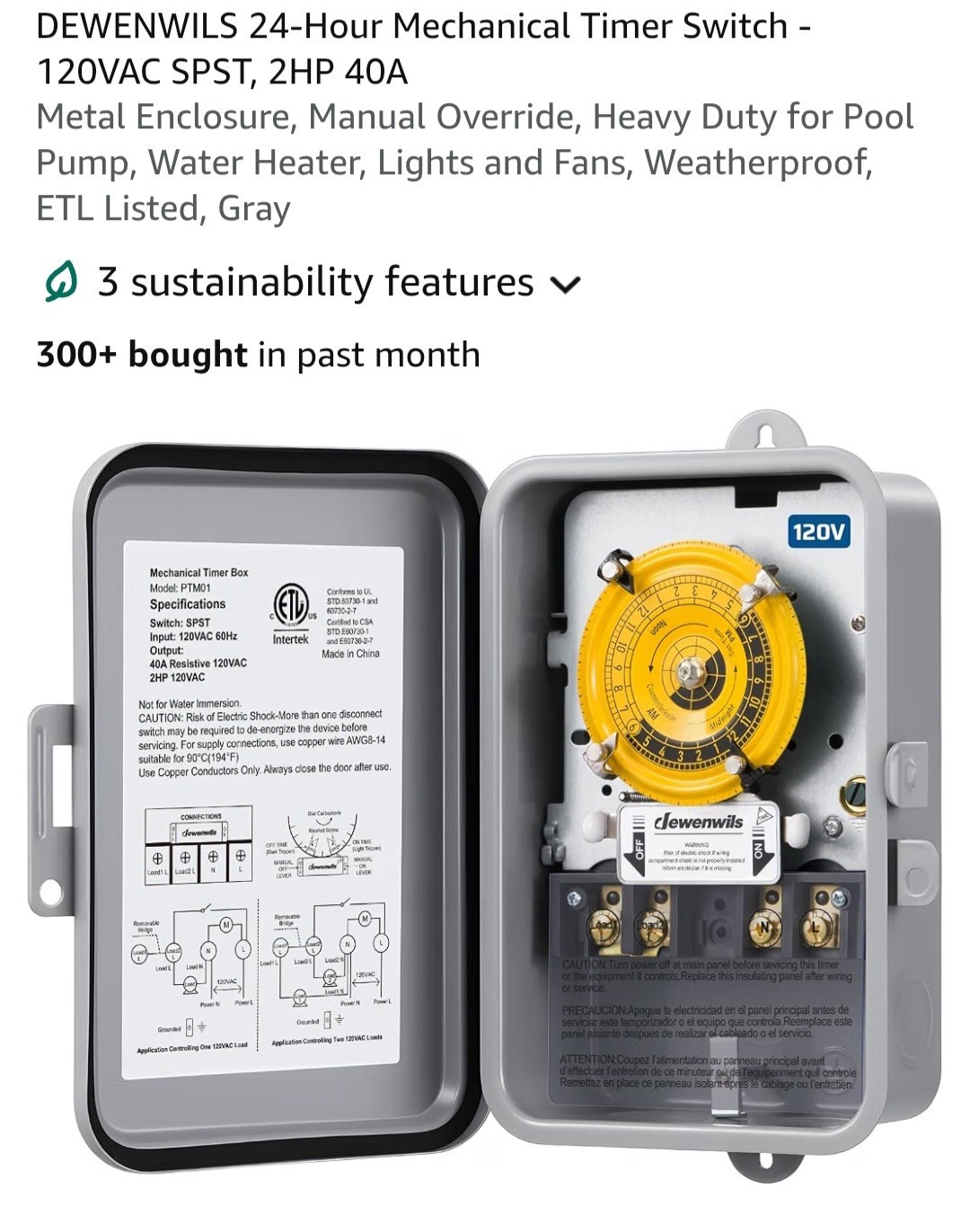 DEWENWILS 24-Hour Mechanical Timer Switch - 208-277VAC DPST, 5HP 40A, Metal