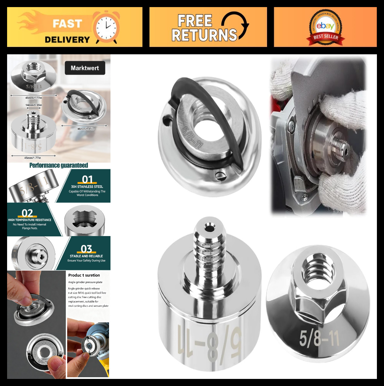 3Pcs Xlock Adapter Kit for 5/8''-11 Thread, Quick Change Nut for Angle Grinder