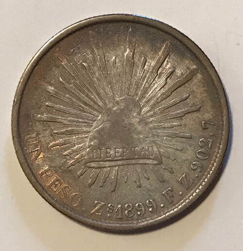 Mexico - 1899 ZsFZ Large Silver Peso - Great Toning