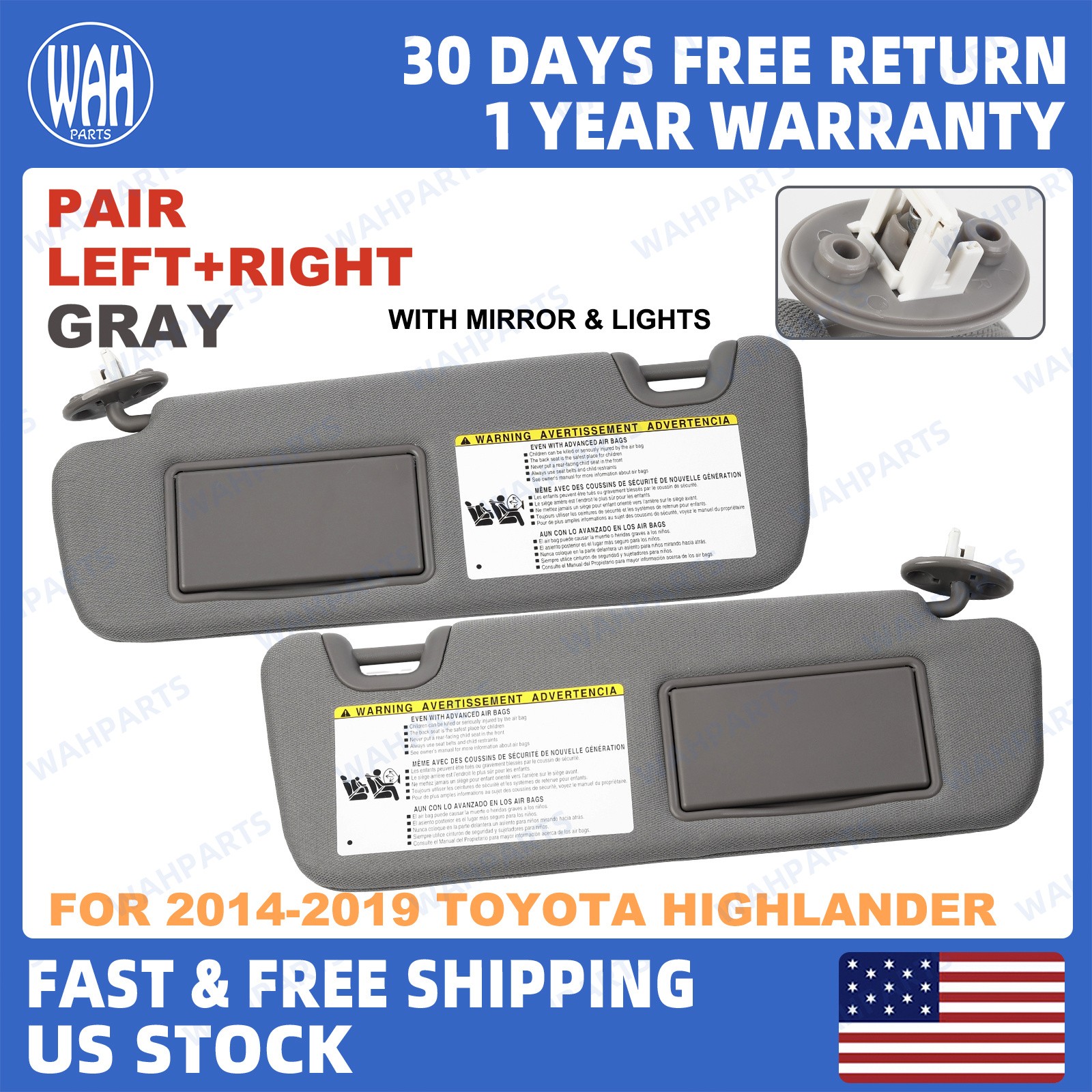 2PCS For 2014-2019 Toyota Highlander Gray Sun Visor Left & Right W/ Lights