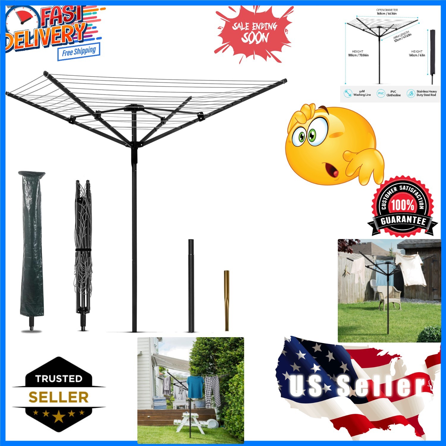 Rotary Outdoor Umbrella Drying Rack Adjustable Height Clothesline w/Waterproo...
