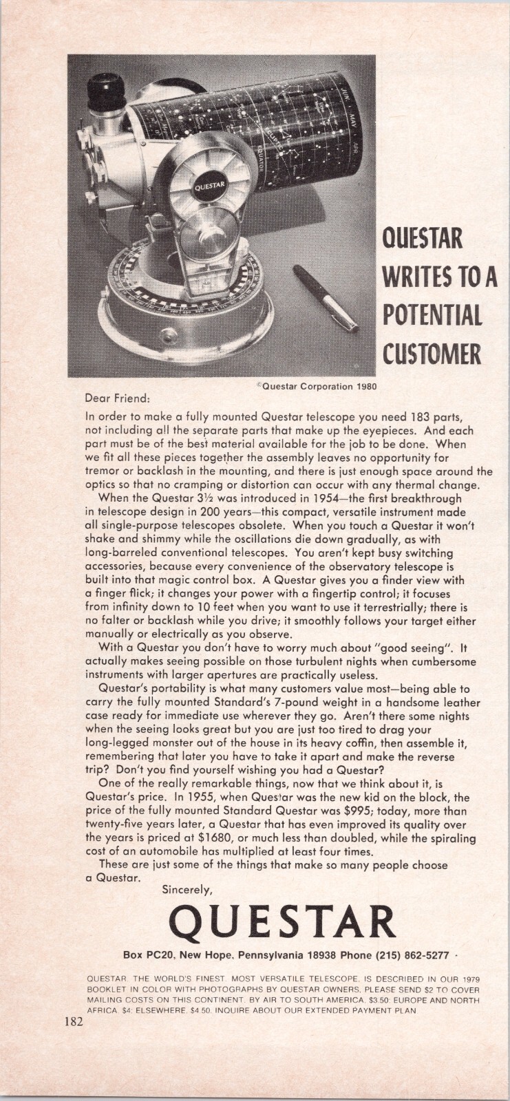 Questar Telescope Standard Model Astronomy Letter Vintage Print Ad 1980