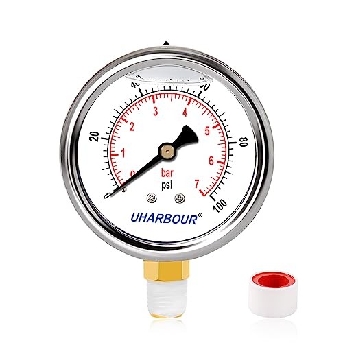 Glycerin Filled Pressure Gauge 1/4 NPT 100psi/7bar, Stainless Steel Case,