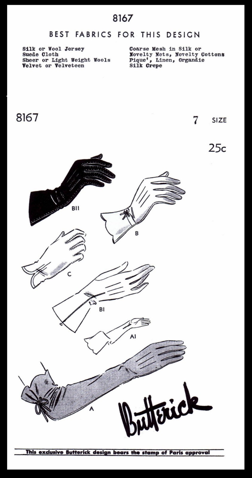 BUTTERICK 8167 GLOVES Fabric Sewing Pattern Women's Vintage 40's Size 7