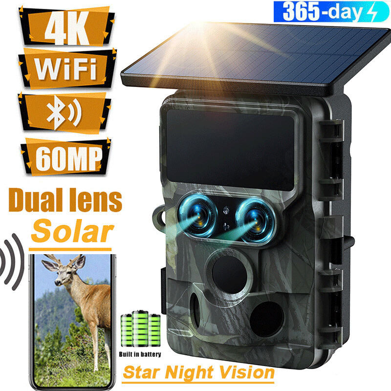Solar 4K 60MP WiFi Bluetooth Dual lens Trail Hunting Game Camera Night Vision