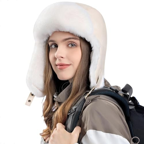 Trapper Hat with Faux Fur Linning Eskimo Windproof, Women Winter Warm Beige