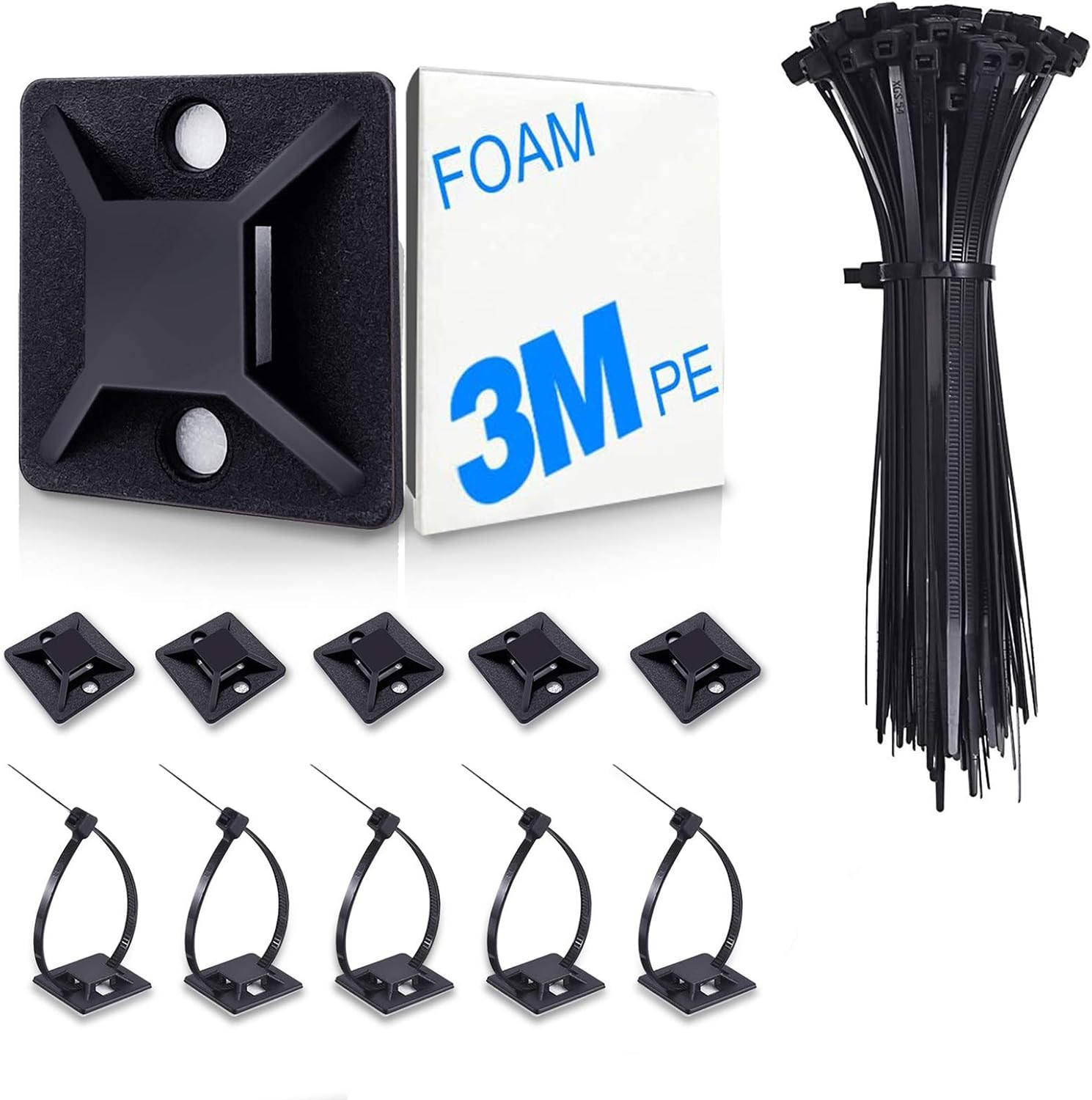 4/5" 100 Pack Zip Tie Mount with Cable Ties,Self Adhesive-Backed Mounts for Wire