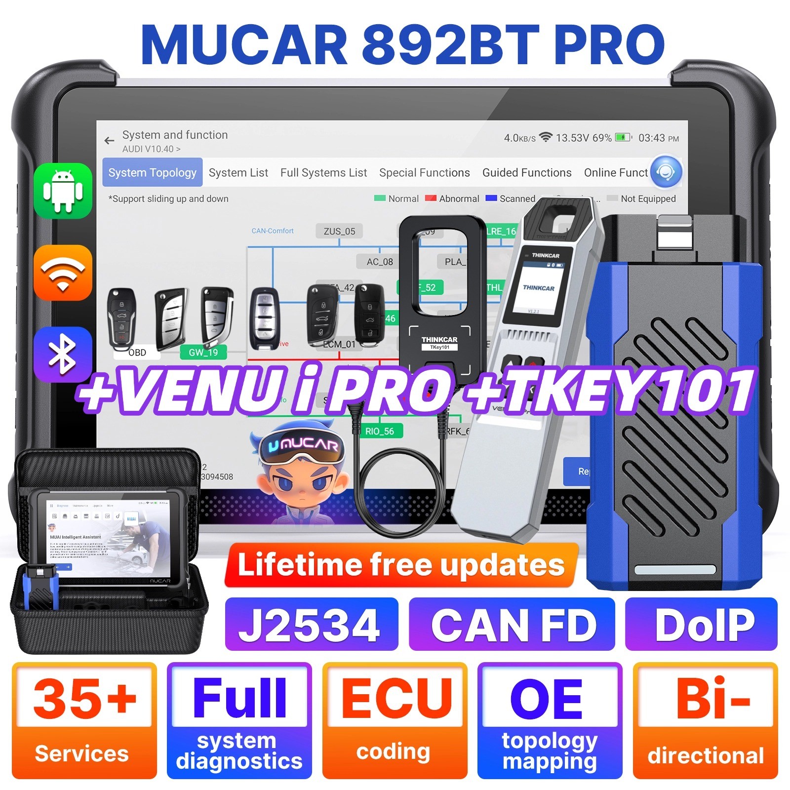 MUCAR 892BT PRO OBD2 Scanner Diagnostic AI Assistant Bidirectional key program