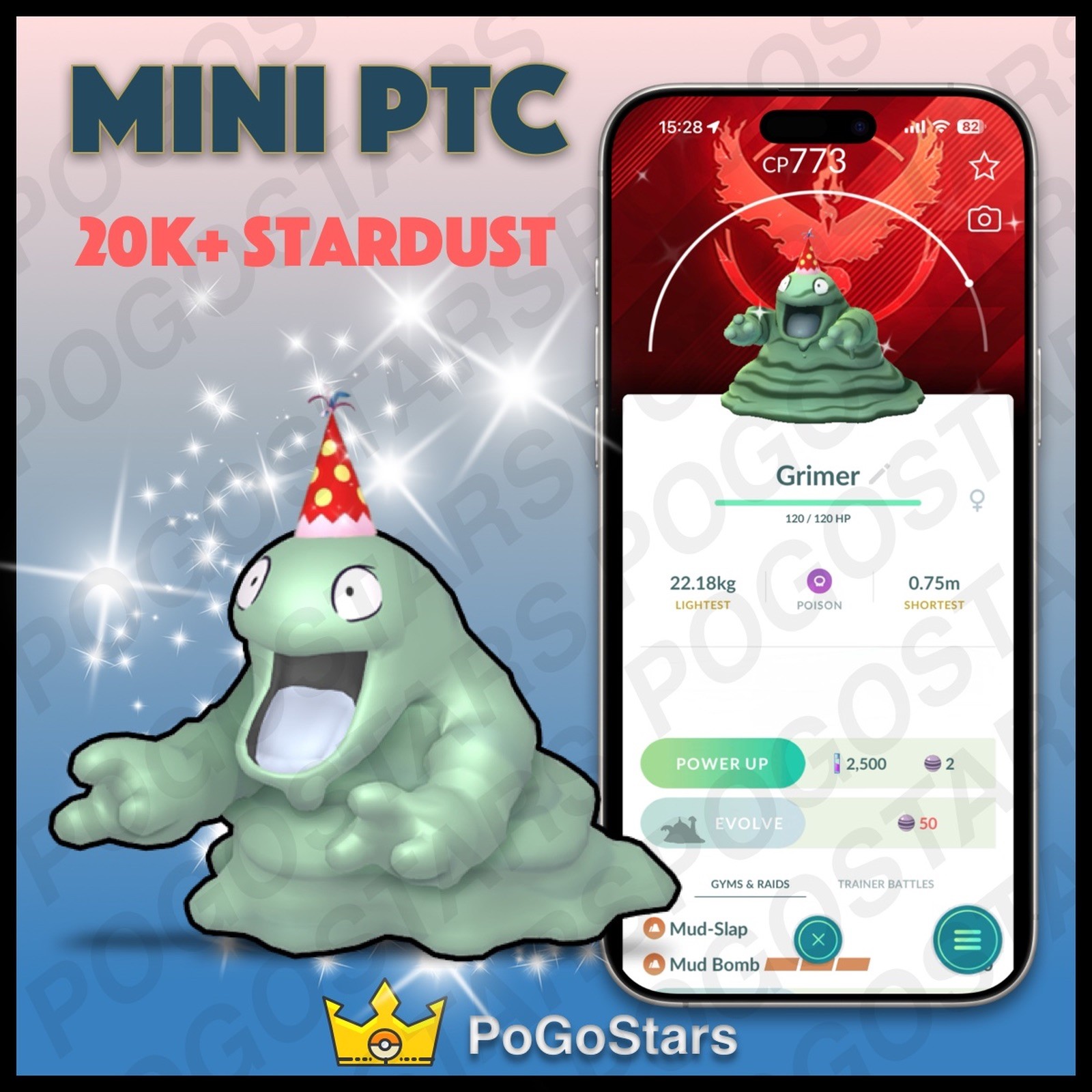 Pokémon PTC Go - Shiny Grimer Party Hat - Team Valor✨Special Background✨