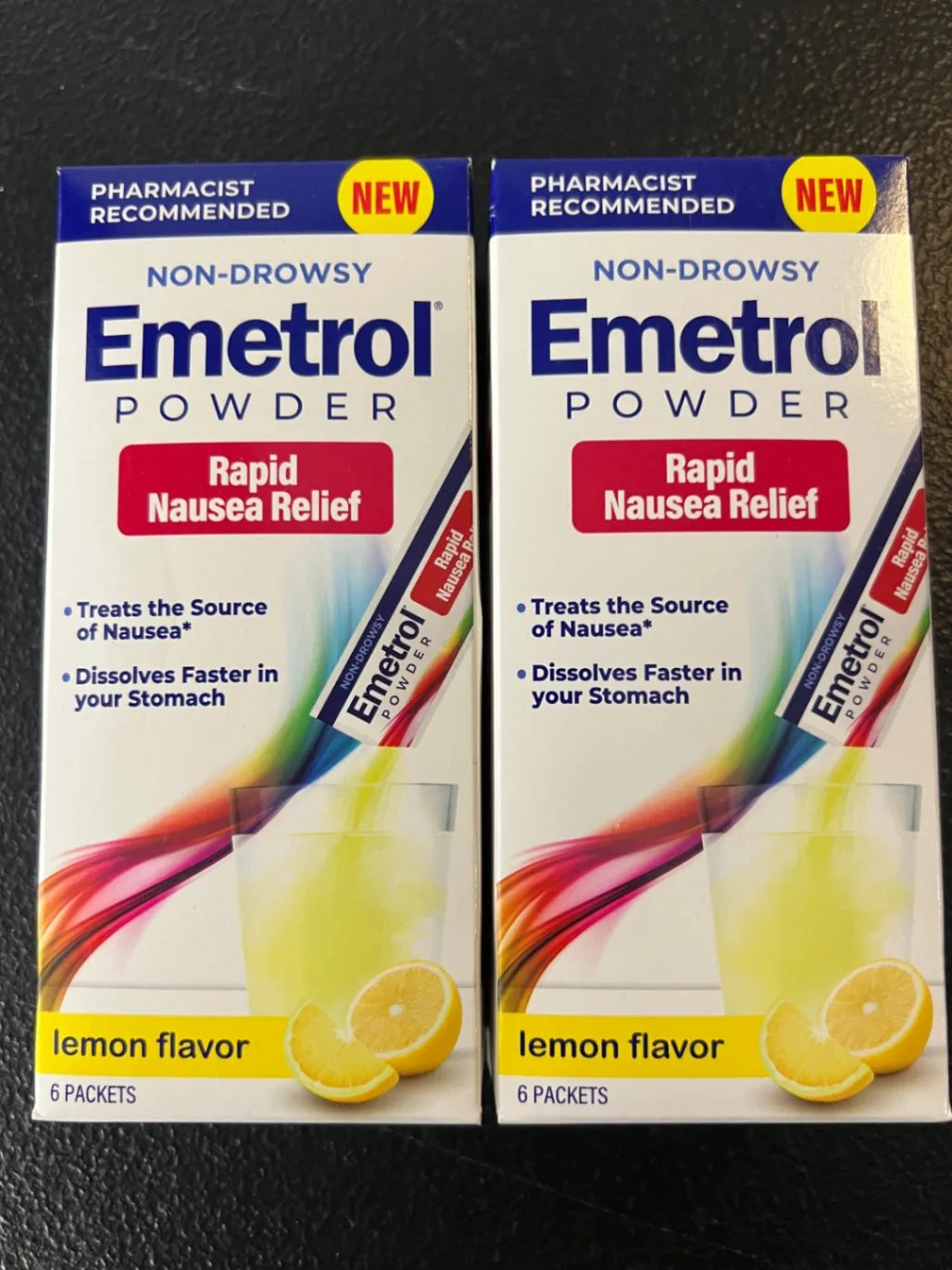 2x Emetrol Powder Rapid Nausea Relief Lemon Flavor Non-Drowsy 6 Packets