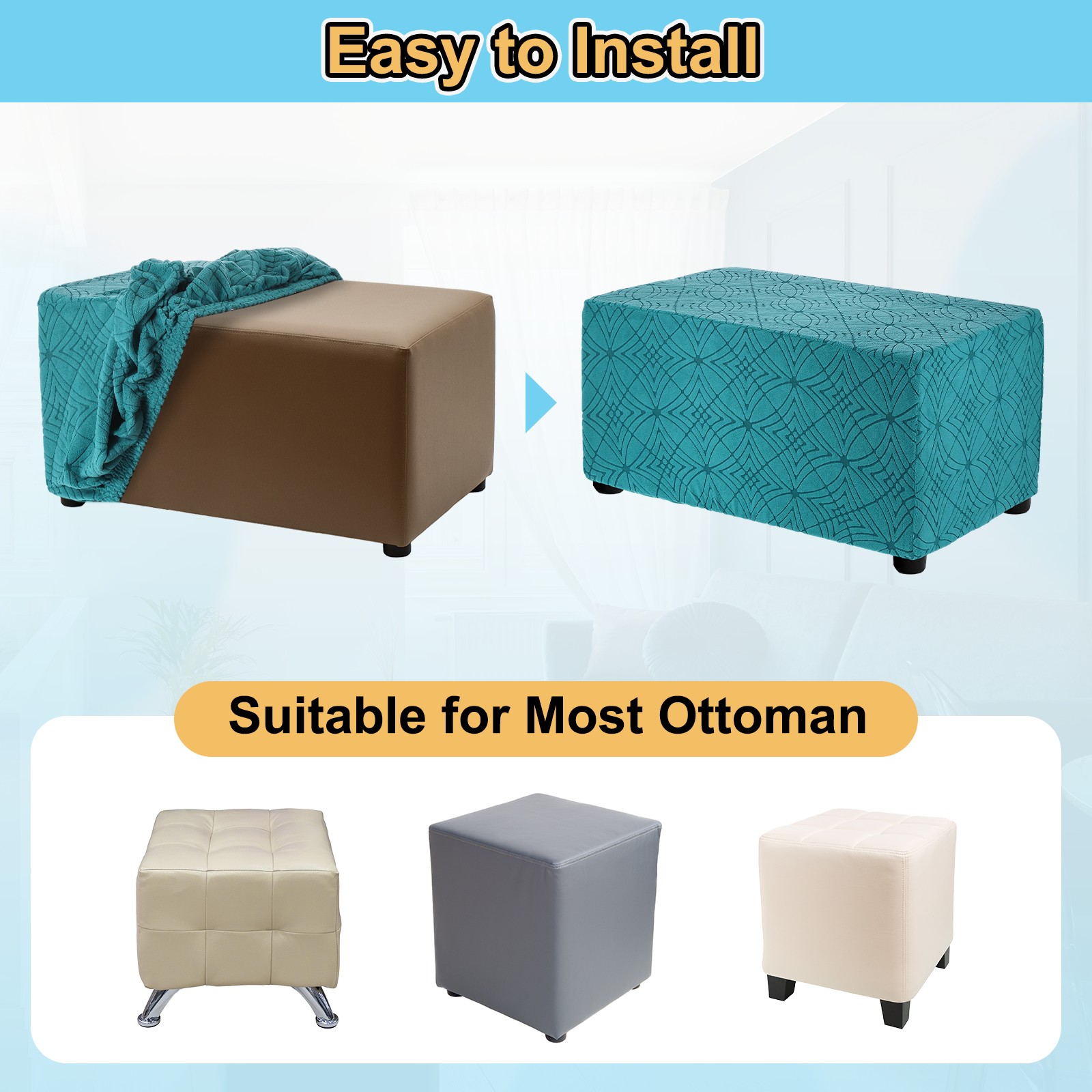 Textured Jacquard Rectangle Stretch Footrest Slipcover Fit 43-47inch, Blue