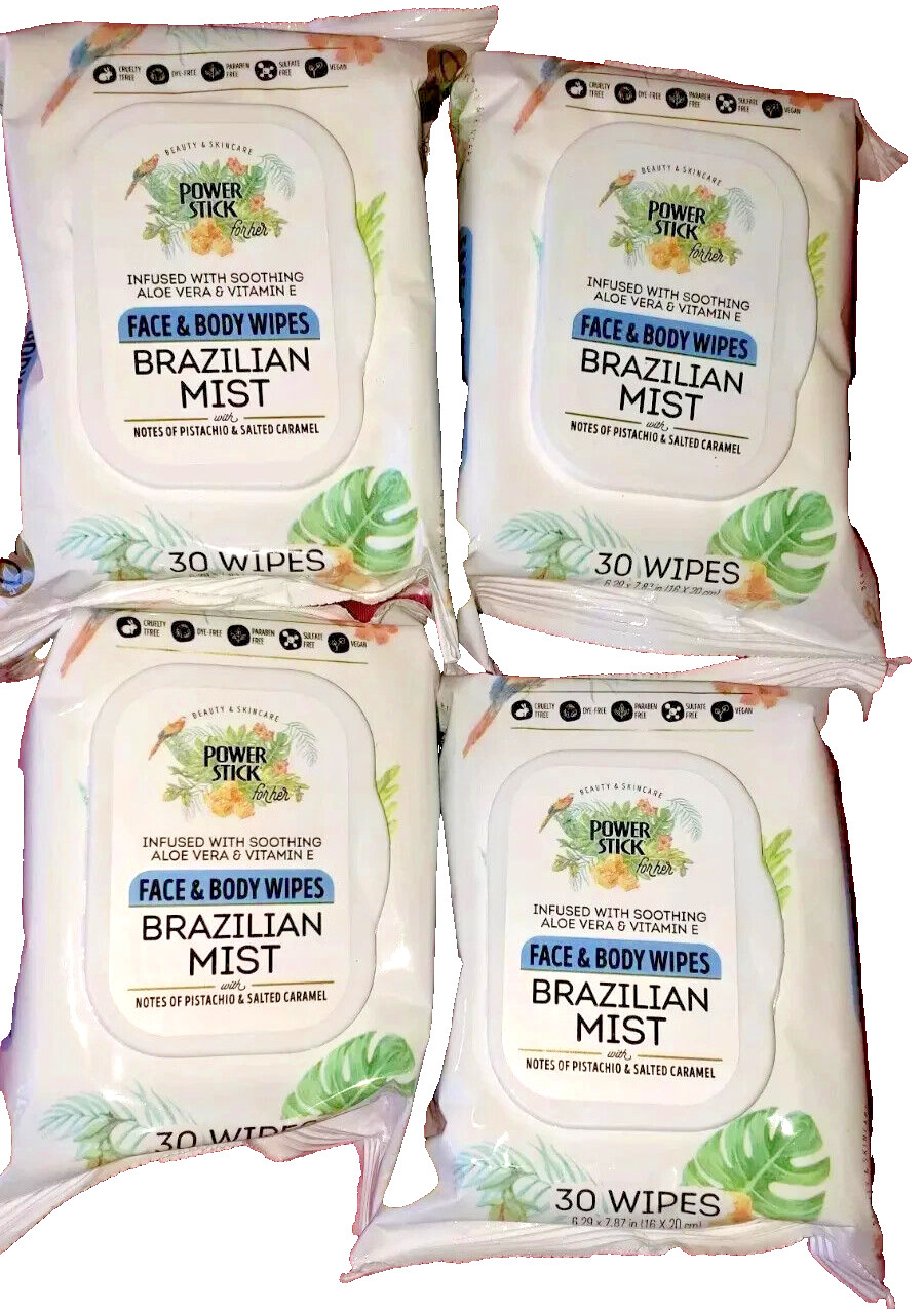 Lot 4 PowerStick Her Face & Body Wipes Brazilian Mist 30ct/pk Travel Pack SEALED