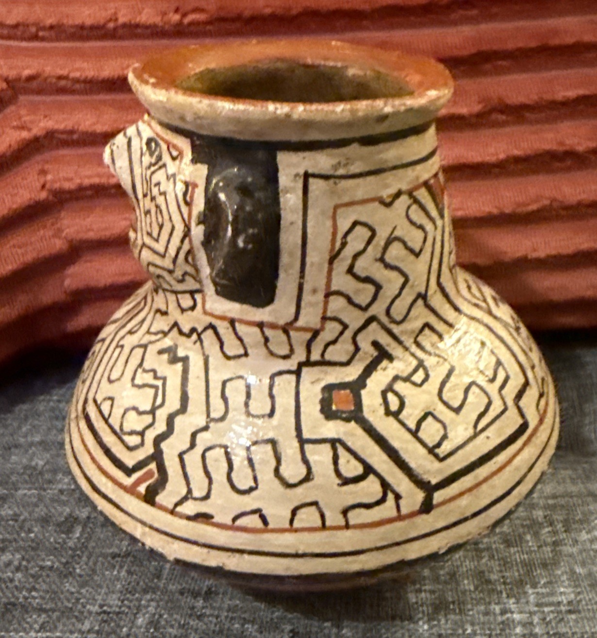Vintage Peruvian Shipibo Conibo Hand Made Painted Face Clay Pottery Jug Peru 5.5