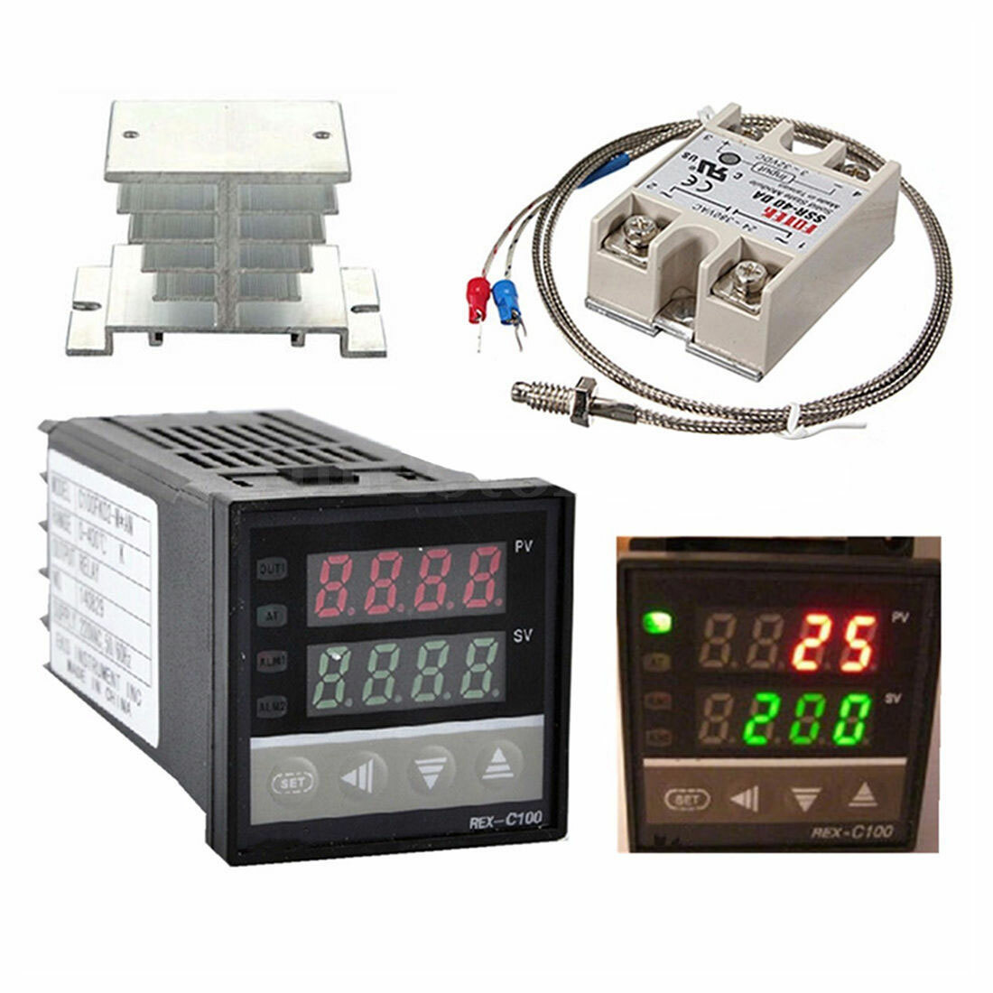 PID REX-C100 Temperature Controller SSR 40DA K Thermocouple Heat Sink Kit USA