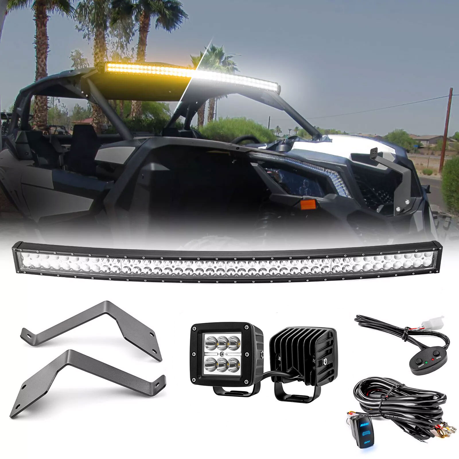 Amber/White 42" Light Bar Roof Mount Wire+3" Pods For Can Am Maverick X3 2017-26
