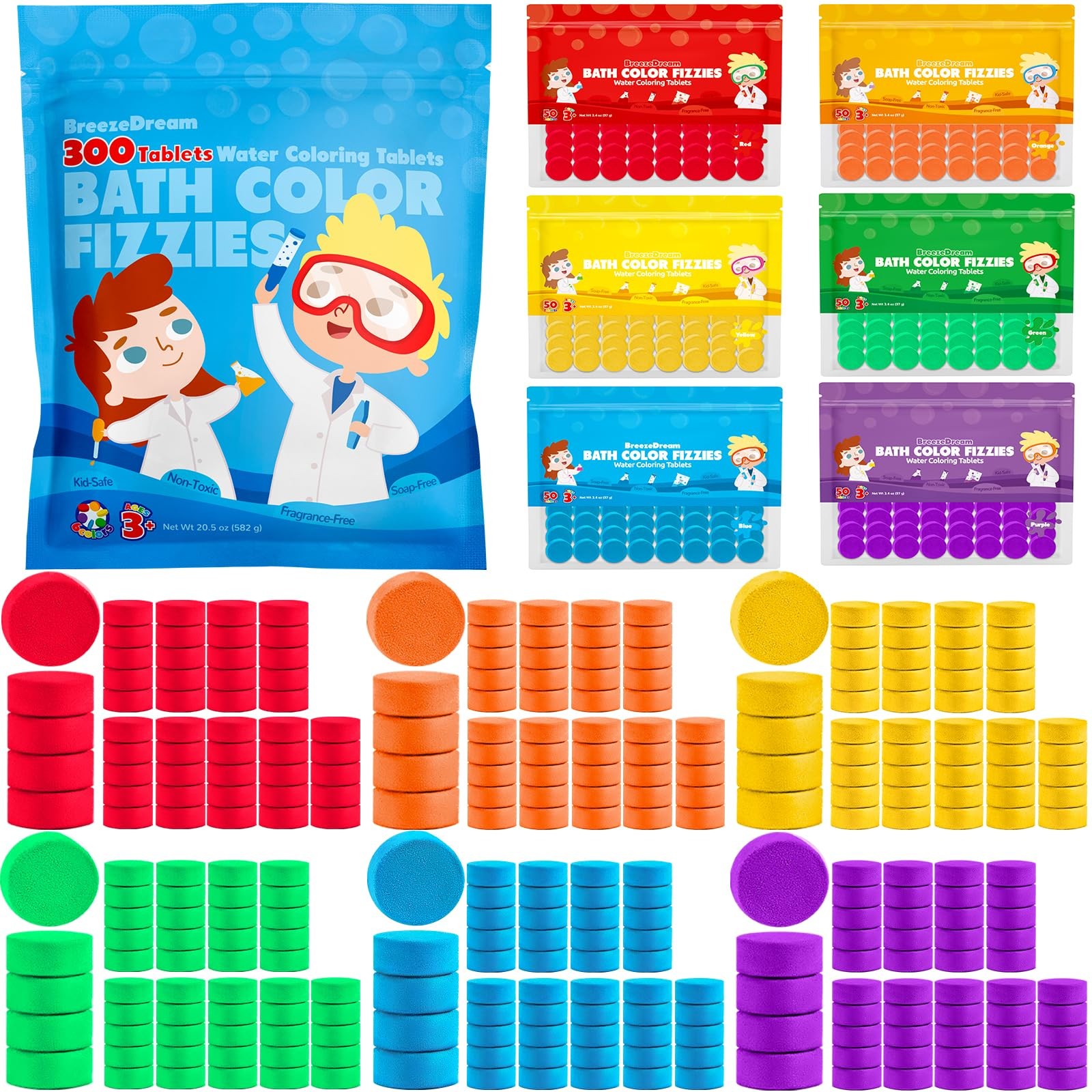300 Count Bath Color Tablets for Kids, Non-Toxic & Fragrance-Free Fizzies Tab...