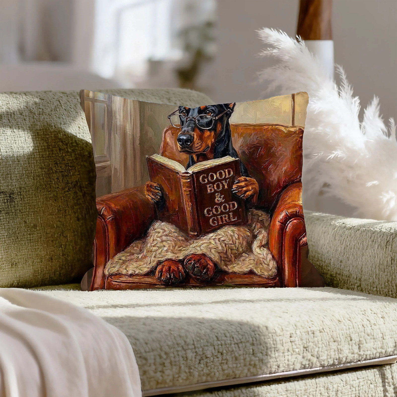 "Evening Read" - Doberman Pillow Cover - Dog Lover Home Decor