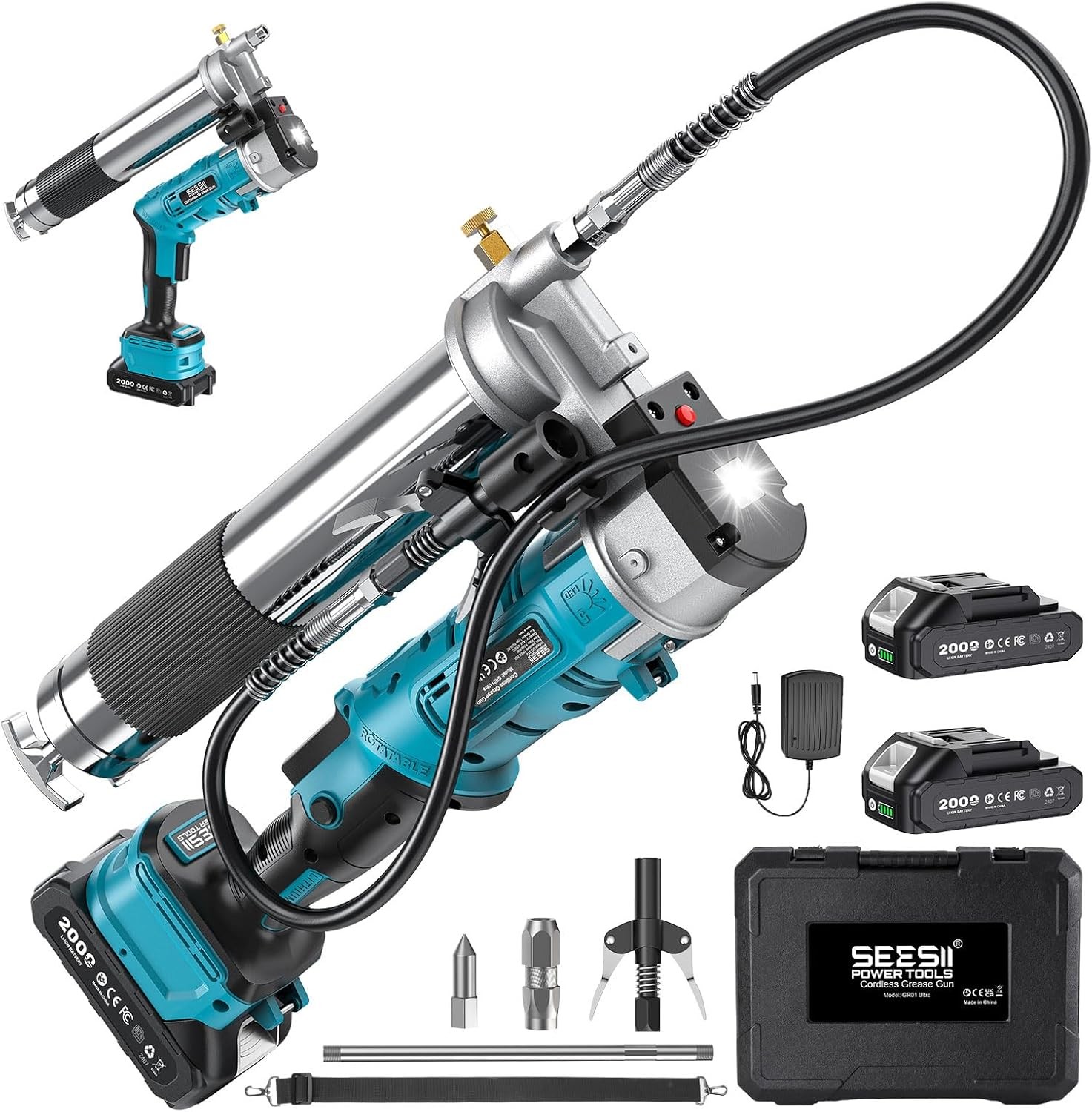 Seesii 12000 PSI Electirc Cordless Grease Gun 39.4" Hose 2x2.0ah Battery Powered