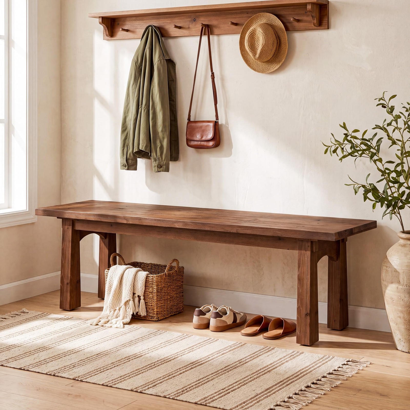55 Inch Solid Wood Entryway Bench, Rustic Brown Shoe Bench