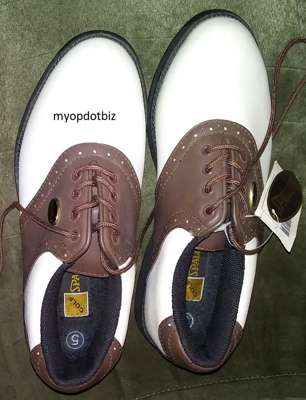 Spalding Golf Shoes, Size 5 M, Brown and White, New