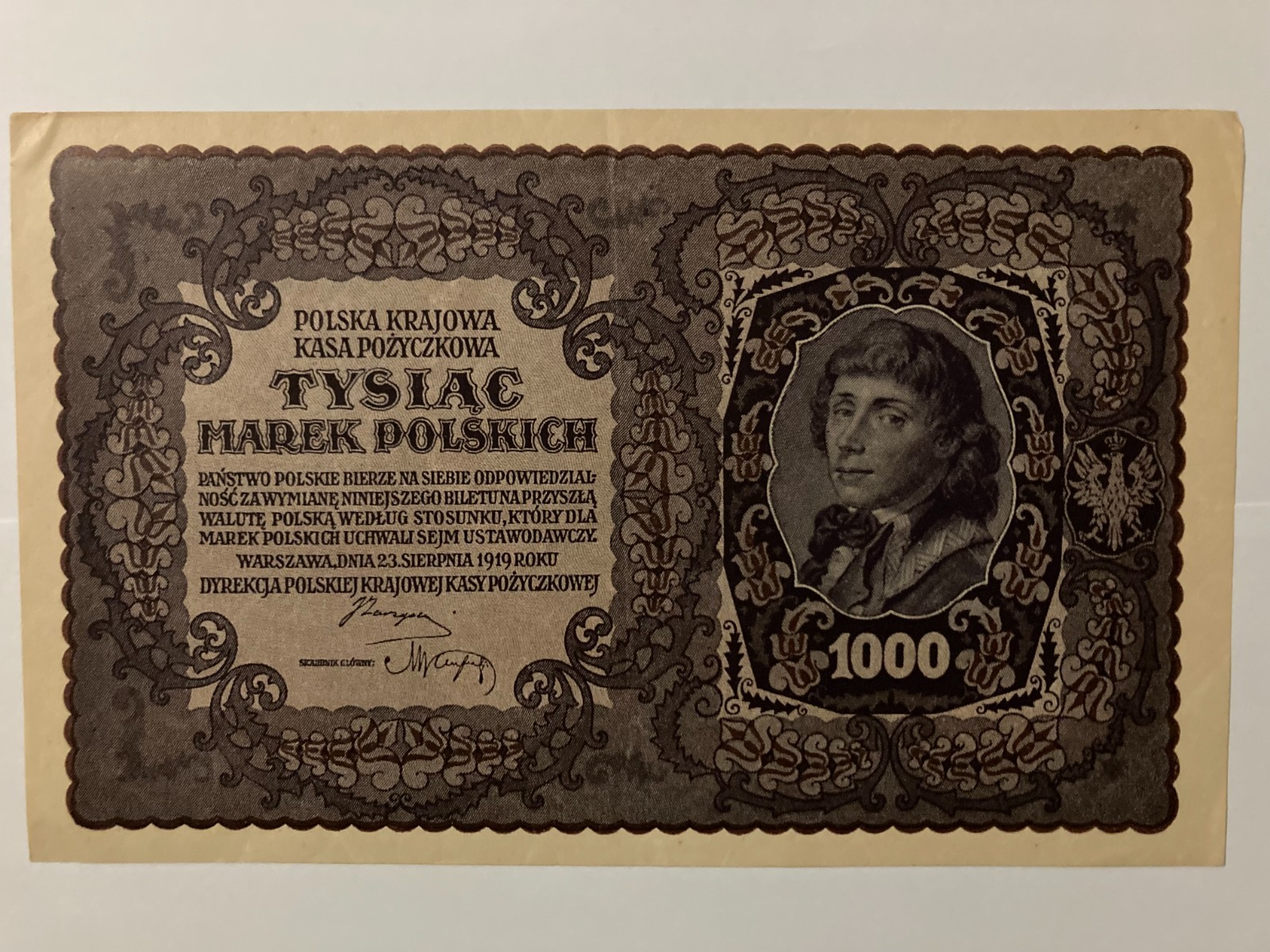 1919 Poland State Loan Bank 1000 Marek Pick#29 No.375179 Huge Note.