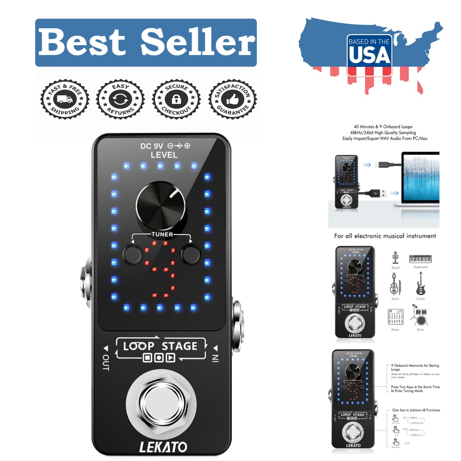Ultimate 9 Loop Guitar Pedal - Uncompressed Audio & USB for Easy Uploads